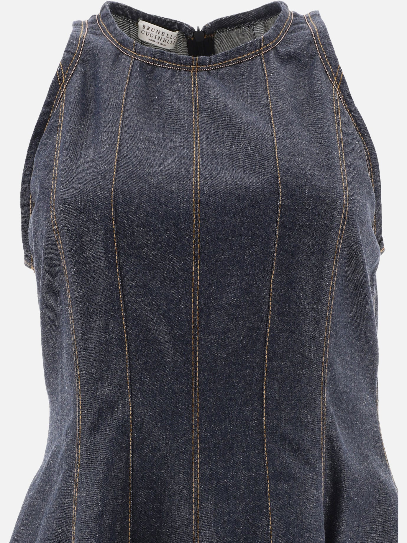 Wet-effect denim dress with shiny trims