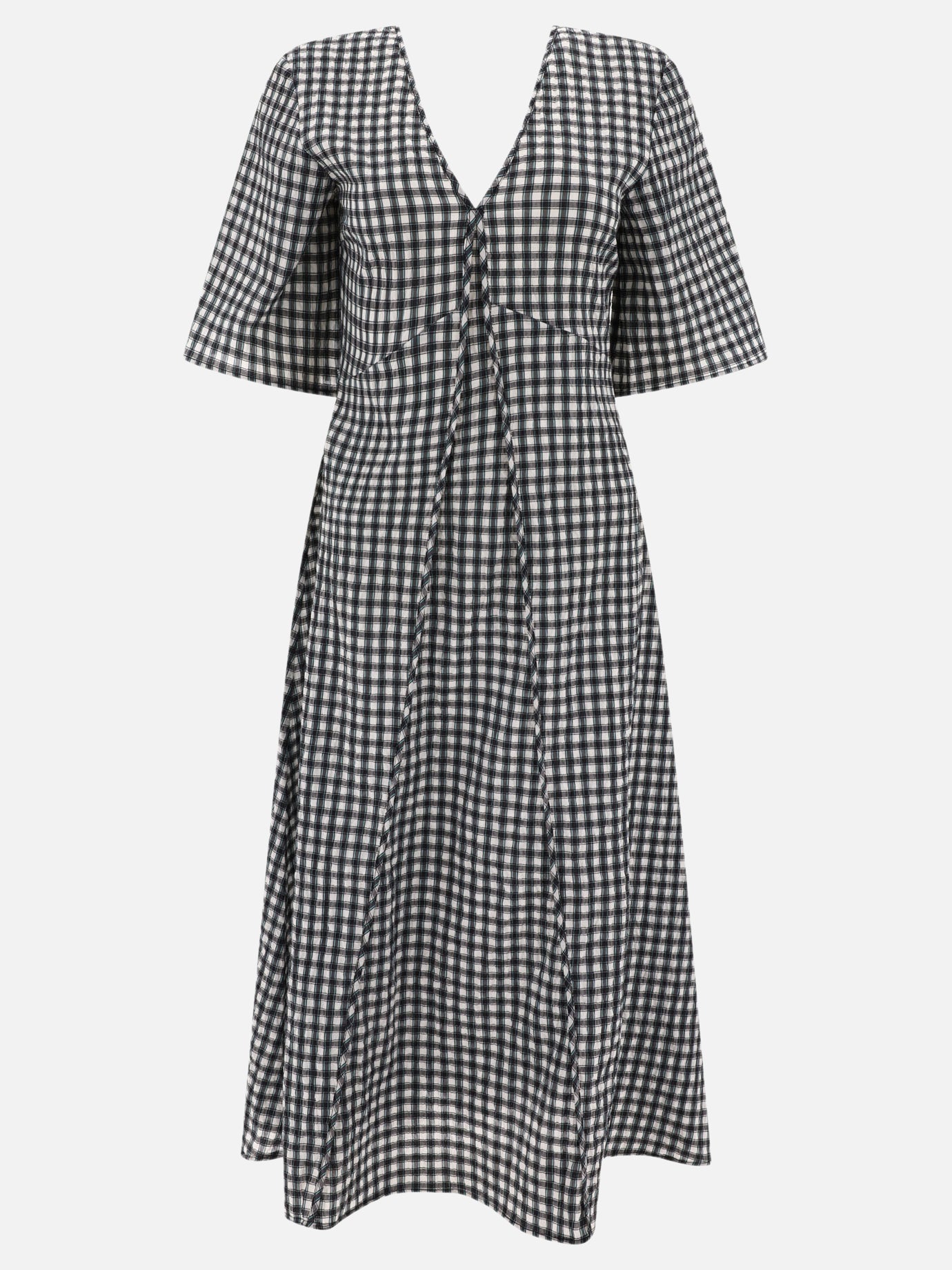 Ganni "Seersucker Check" V-neck dress Black