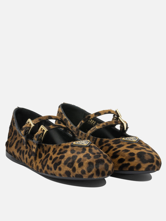 Prada Leather ballet flats with animal print 14628179_36 Brown 2